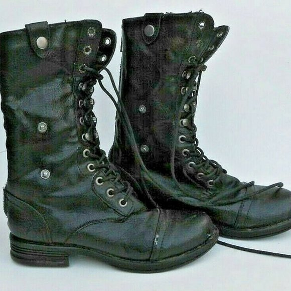 Cathy Jean Black Combat Boots Plaid Lining Fold Down Snap Zipper Womens Size 5 - Picture 2 of 11